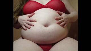 Gentle playing with huge fat belly & big boobs in red lingerie