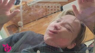 Pressing Face and Hands against Glass and making faces
