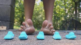 crushing marshmallows barefoot