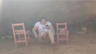 The broomstick couldn't hold the fat woman's weight.