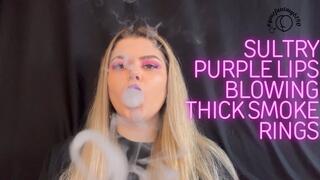 Sultry Purple Lips Blowing Thick Smoke Rings