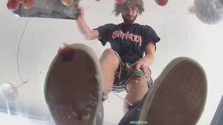 Giant macro god crushes grapes (underglass POV)