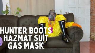 gas mask, hazmat suit and hunter boots
