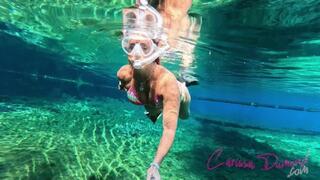 Carissa swimming in a bikini and her alter ego (mermaid form)