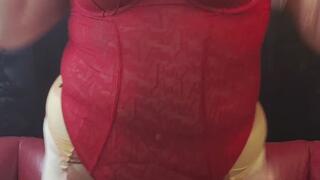 Tall Curvy Tattooed Redhead in Red Lingerie Strips and Masturbates to Music