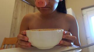 My Latin stepsister eats in a pig nose mask and makes food porn because he feels fat so he stuffs his face with food he eats so much that he has an orgasm from the food it's so delicious in 4k
