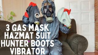 hazmat suit, 3 gas mask, hunter boots and vibrator