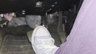 Evalynn driving in lilac converse