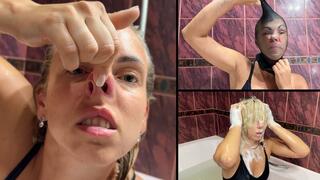 Helga pinches her nose, washes hair and puts stocking on her head