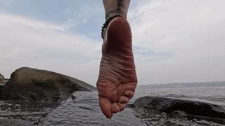 Summer of CatPrincess beach feet, slow motion walking in sand and ocean, waves, blue skies, foot tease show, several pedis, size 9, part 1