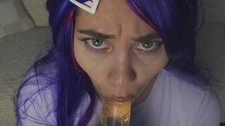 eye contact I'm looking at you my stepsister in cosplay costume makes a silly face while playing with a dildo and sucking the dildo makes eye contact and looks at you in 4k