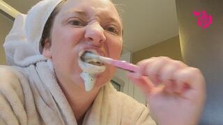 Brushing Teeth and Scrubbing Tongue with gargling and Hair up in Towel copy