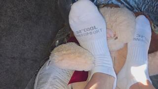 Chrissy sock play in car top view