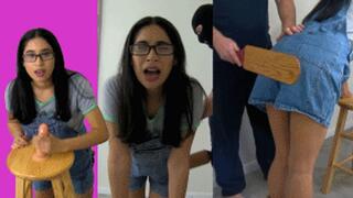 eRica gets caught messing with a dildo! She gets spanked & paddled in her overalls as punishment!