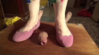 NEW, COCK CRUSH UNDER 2 PAIRS OF FLATS (1 NEW), A PAIR OF SKETCHERS TRAINERS (ALSO NEW) AND FINISHED OFF WITH A BAREFOOT CUM SHOT (INCLUDES USE OF A RIDING CROP, BECAUSE I'M A NAUGHTY BOY)