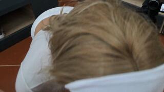Blonde MILF dressed in white throatpie with sunglasses POV