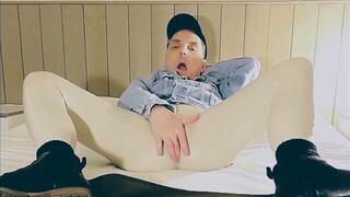 Ass exposure and cock stroking through white vinyl