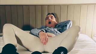 Show off and masturbation in white vinyl leggings