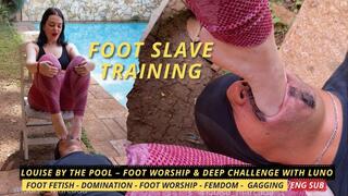 Louise by the pool Foot Worship & Deep Challenge with Luno (720 EN SUB) - Femdom - Foot Worship - Foot Gagging - Sole Licking - Saliva Extraction