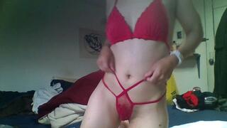 red bra and small boy of japanese girl play her toy