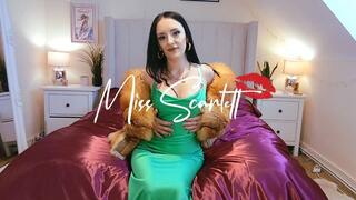 Scarlett's green satin dress and fur coat pillow fuck