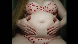 Sexy playing with fat belly and boobs in cute lingerie