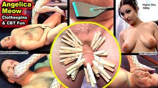 CBT Clothespin Fun with Miss Angelica Meow -1080P This good slave boy has 20 clothespins put on his cock and balls and has his nuts kicked in by this sexy Mistress!