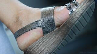 Wrinkles feet and dirty ruined sandals fetish, foot fetish details admiration close-up.