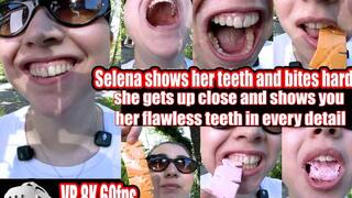 VR 3D 8K | Selena bares her teeth and bites down hard on chew bars for you so you can see her teeth marks, she bites with her mouth open and swallows them right in front of your nose.