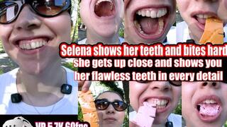 VR 3D 5,7K | Selena bares her teeth and bites down hard on chew bars for you so you can see her teeth marks, she bites with her mouth open and swallows them right in front of your nose.