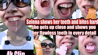 4K | Selena bares her teeth and bites down hard on chew bars for you so you can see her teeth marks, she bites with her mouth open and swallows them right in front of your nose.