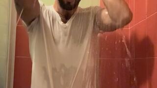Stroking my big Italian cock in the shower