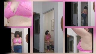 Surprise Pink Bra and Blue Jeans Pee and Model w Convo