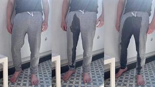 Two flatmates played Truth or Dare: Simon dared Jules to pee himself and wet his grey sweatpants in front of the camera