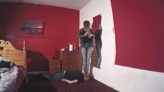 Sophie Brushing Her Hair Whilst Standing On Her Slave Head