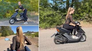 Chloe rides a scooter and her friend POV caresses her
