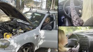 Blonde Anastasia trying to start grey Lanos