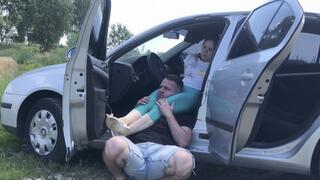 In the car and near the car