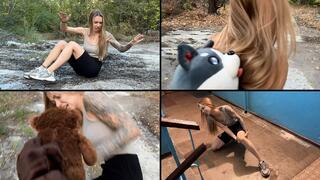 Unlucky Chloe is attacked by a teddy bear and a toy dog