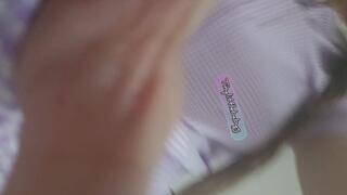 Purple school dress & drynite wearing Tinylittlebabyg playfully poses on the bed & in the mirror