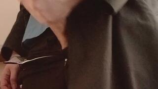 Hard day at work. Watch me stroke my long, thick white cock still in my coat, shirt and trousers