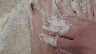 Whipped Cream Name Writing Foot Play – Messy Toes & Soles