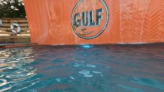 Carissa in the vintage one-piece in the cabin pool and strip down