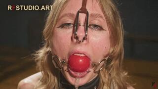 Mandy - Kneeling Bondage in Reverse Prayer with Ballgag and Nosehook (FULL HD MP4)