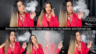 Smoking Marlboro Red 100s close up in red leather and fishnet top
