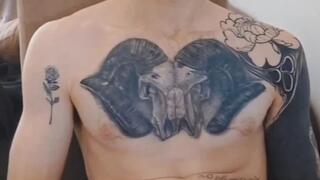 Skinny tatted guy jerks off and cums