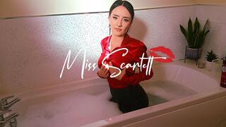 Scarlett's bath time in red satin blouse and leather skirt (WAM)