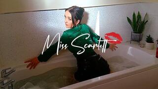 Scarlett's bath time in emerald satin blouse and leather skirt (WAM)