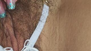 Open Front Panty Tease with Butterfly Detail & Hairy Pussy