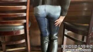 MILF Greta wets & re-wets herself, soaking her jeans and boots in a busy bar! HD MP4